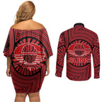 Gold Coast Suns Couples Matching Off Shoulder Short Dress and Long Sleeve Button Shirt Indigenous Monochrome Dot Art Mascot Style