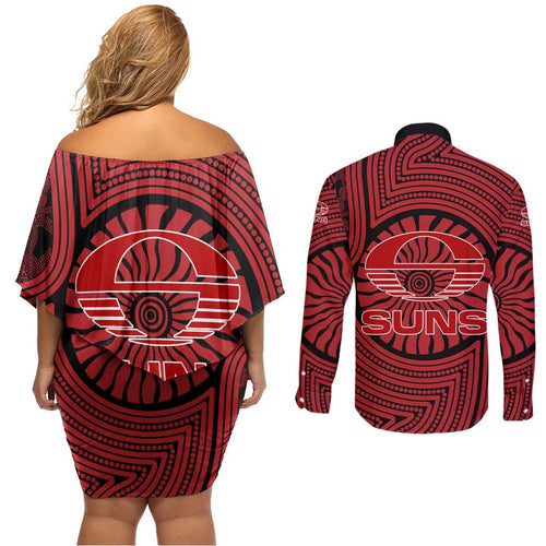 Gold Coast Suns Couples Matching Off Shoulder Short Dress and Long Sleeve Button Shirt Indigenous Monochrome Dot Art Mascot Style