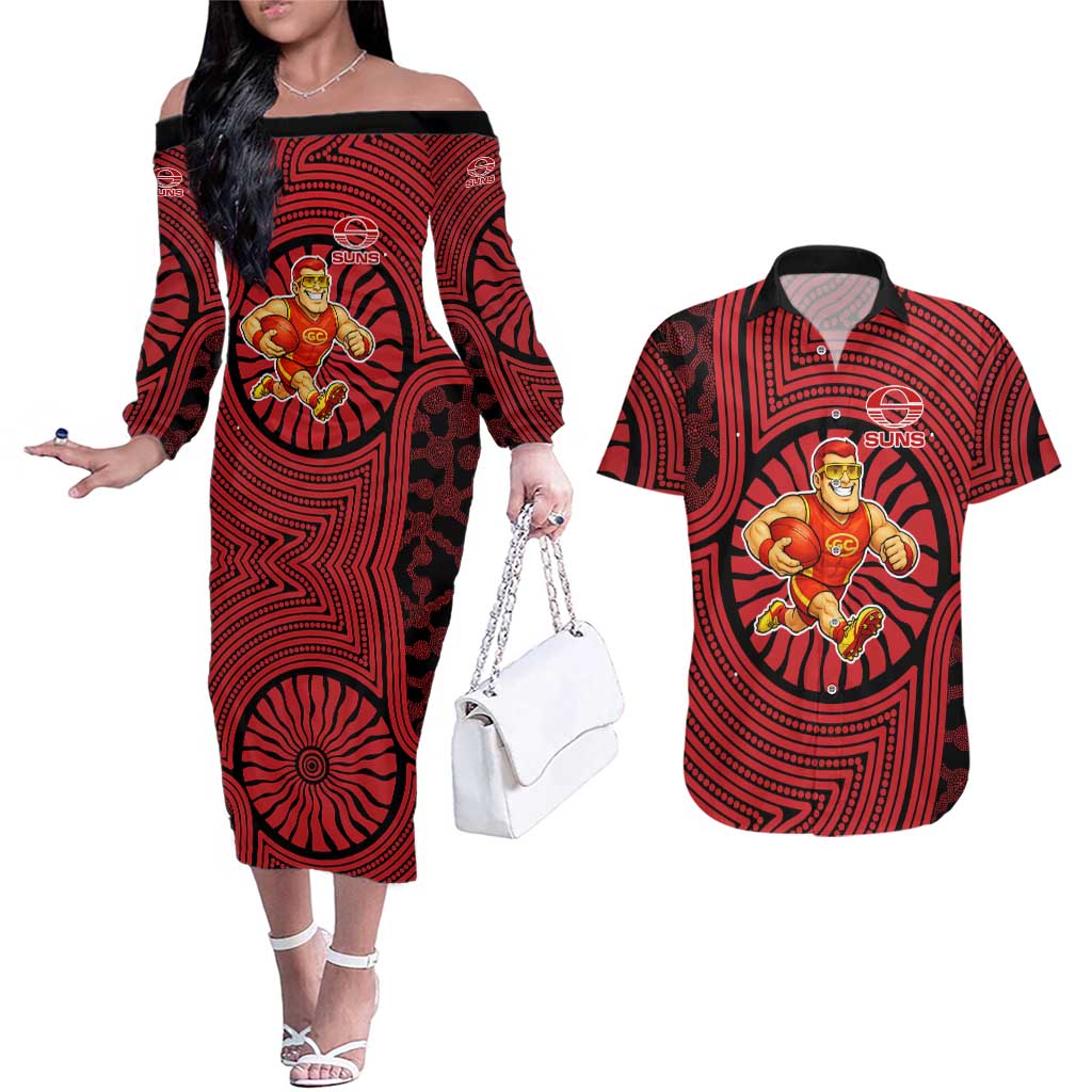 Gold Coast Suns Couples Matching Off The Shoulder Long Sleeve Dress and Hawaiian Shirt Indigenous Monochrome Dot Art Mascot Style