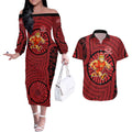Gold Coast Suns Couples Matching Off The Shoulder Long Sleeve Dress and Hawaiian Shirt Indigenous Monochrome Dot Art Mascot Style