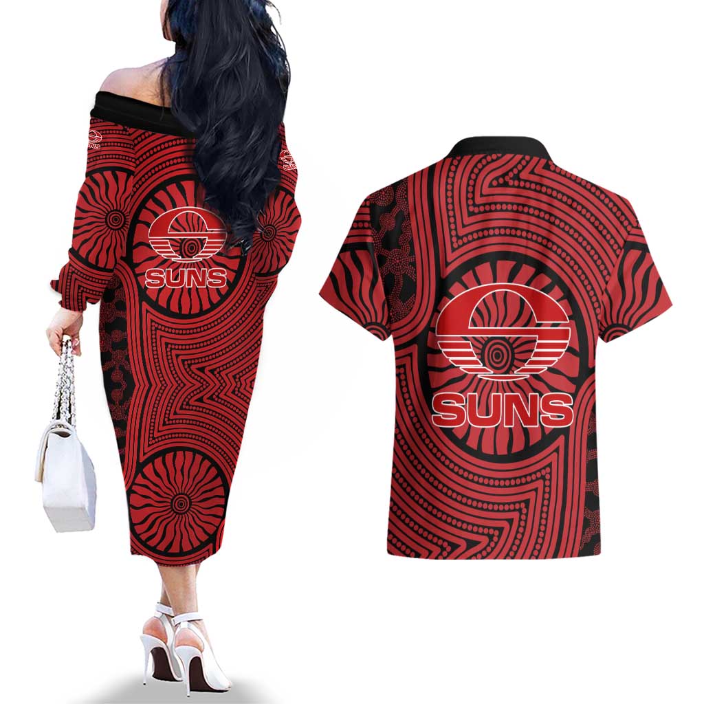 Gold Coast Suns Couples Matching Off The Shoulder Long Sleeve Dress and Hawaiian Shirt Indigenous Monochrome Dot Art Mascot Style