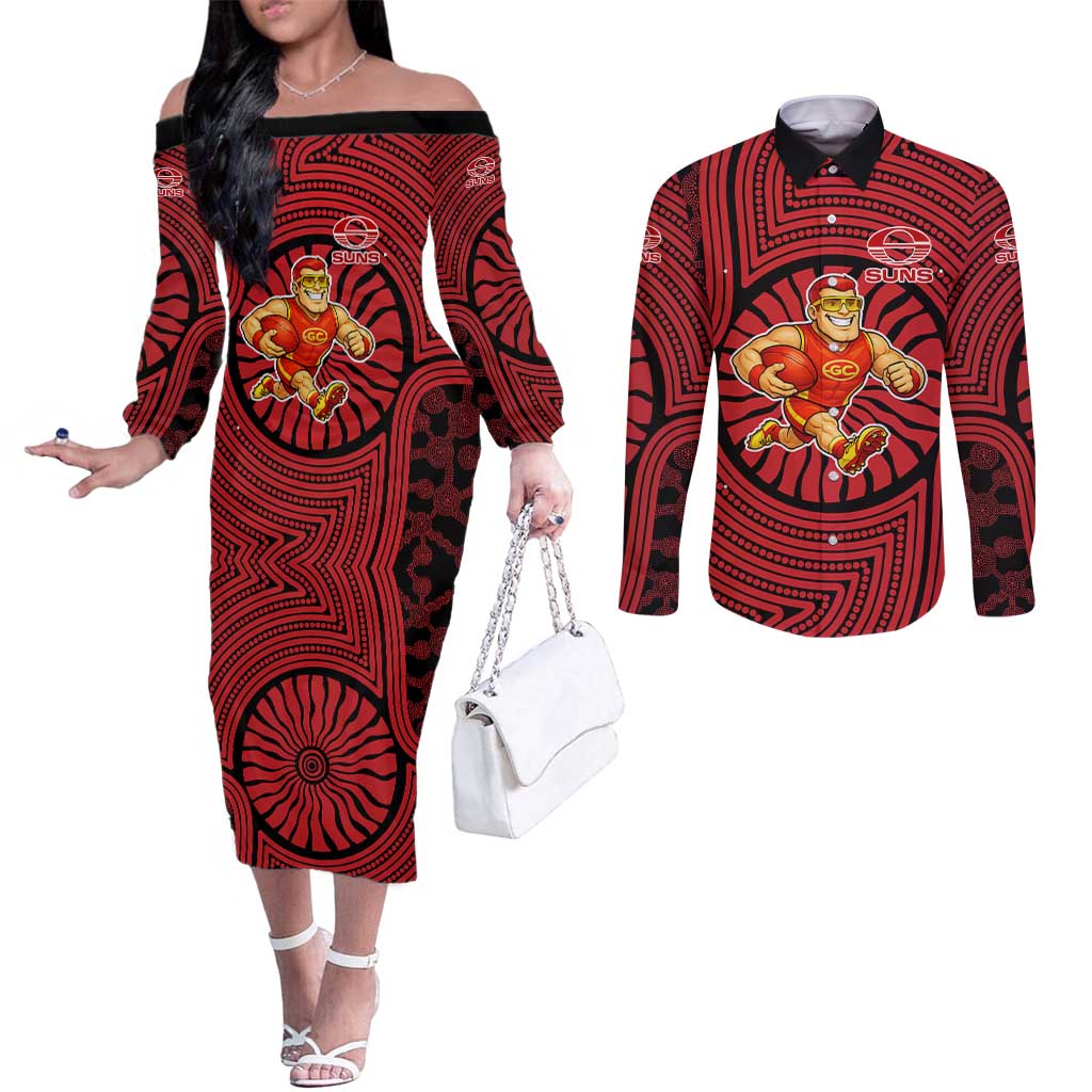 Gold Coast Suns Couples Matching Off The Shoulder Long Sleeve Dress and Long Sleeve Button Shirt Indigenous Monochrome Dot Art Mascot Style
