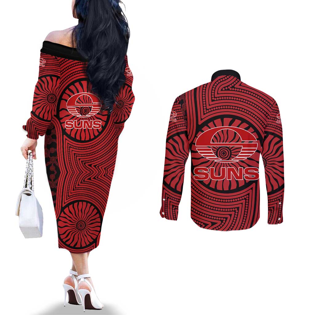 Gold Coast Suns Couples Matching Off The Shoulder Long Sleeve Dress and Long Sleeve Button Shirt Indigenous Monochrome Dot Art Mascot Style