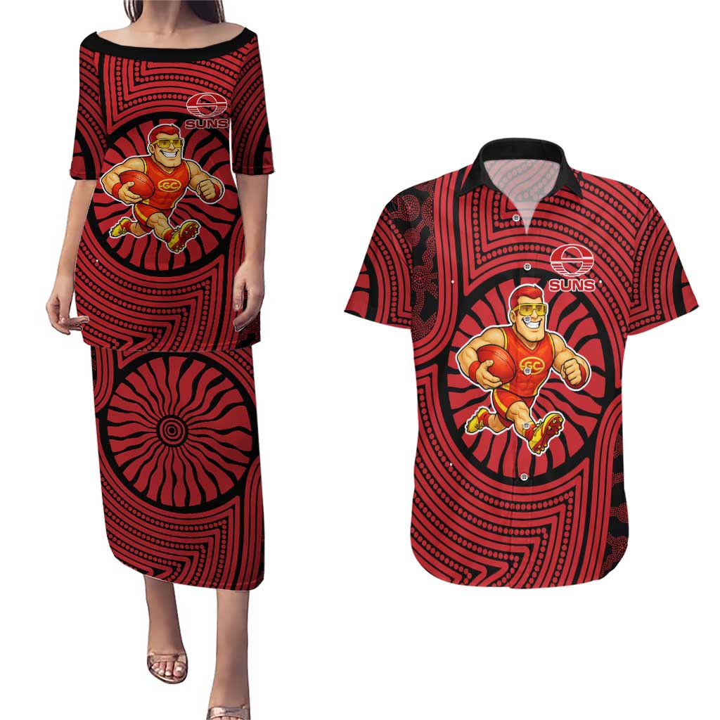 Gold Coast Suns Couples Matching Puletasi and Hawaiian Shirt Indigenous Monochrome Dot Art Mascot Style