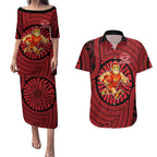 Gold Coast Suns Couples Matching Puletasi and Hawaiian Shirt Indigenous Monochrome Dot Art Mascot Style