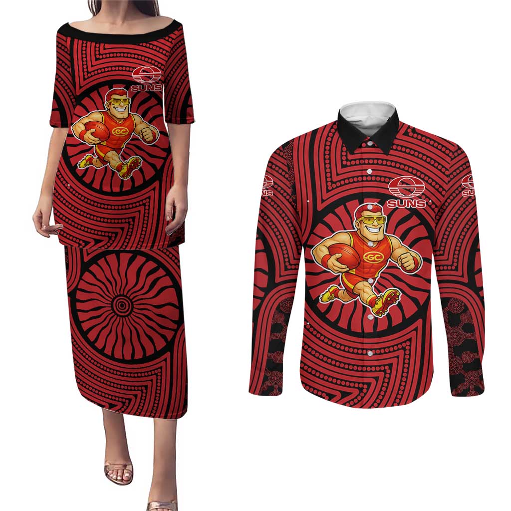 Gold Coast Suns Couples Matching Puletasi and Long Sleeve Button Shirt Indigenous Monochrome Dot Art Mascot Style