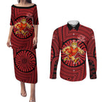Gold Coast Suns Couples Matching Puletasi and Long Sleeve Button Shirt Indigenous Monochrome Dot Art Mascot Style