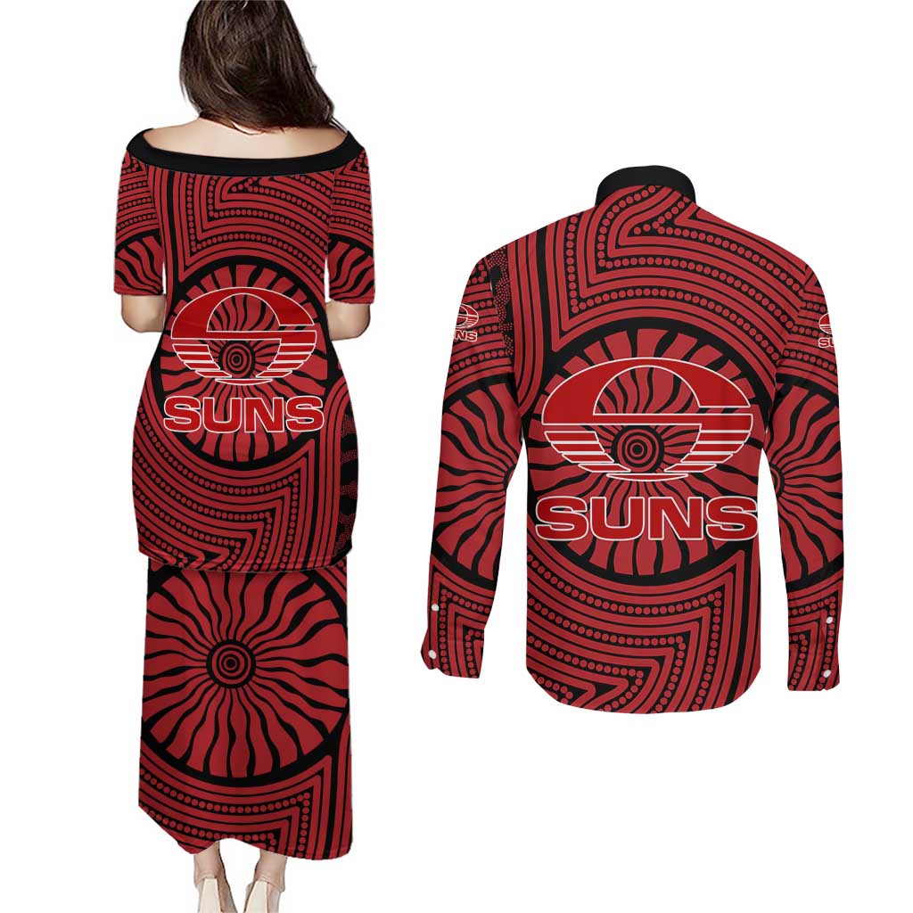 Gold Coast Suns Couples Matching Puletasi and Long Sleeve Button Shirt Indigenous Monochrome Dot Art Mascot Style