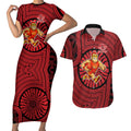 Gold Coast Suns Couples Matching Short Sleeve Bodycon Dress and Hawaiian Shirt Indigenous Monochrome Dot Art Mascot Style
