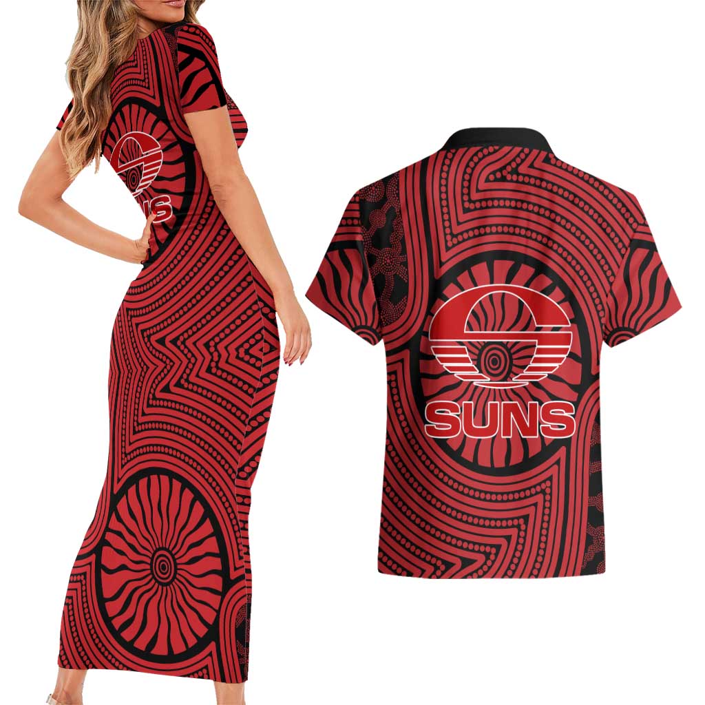 Gold Coast Suns Couples Matching Short Sleeve Bodycon Dress and Hawaiian Shirt Indigenous Monochrome Dot Art Mascot Style