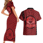 Gold Coast Suns Couples Matching Short Sleeve Bodycon Dress and Hawaiian Shirt Indigenous Monochrome Dot Art Mascot Style