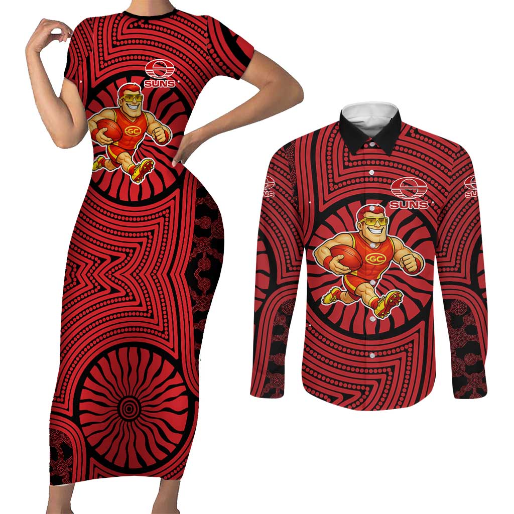 Gold Coast Suns Couples Matching Short Sleeve Bodycon Dress and Long Sleeve Button Shirt Indigenous Monochrome Dot Art Mascot Style