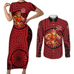 Gold Coast Suns Couples Matching Short Sleeve Bodycon Dress and Long Sleeve Button Shirt Indigenous Monochrome Dot Art Mascot Style