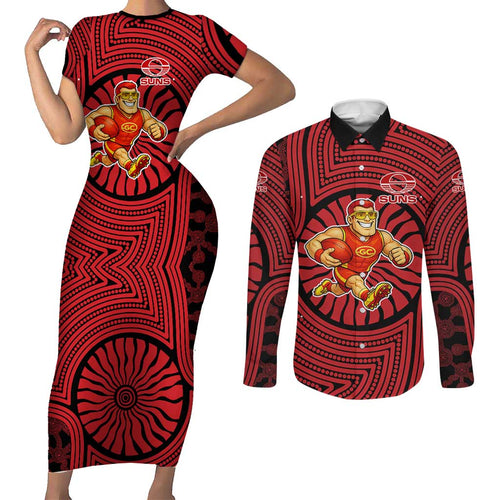Gold Coast Suns Couples Matching Short Sleeve Bodycon Dress and Long Sleeve Button Shirt Indigenous Monochrome Dot Art Mascot Style