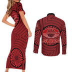 Gold Coast Suns Couples Matching Short Sleeve Bodycon Dress and Long Sleeve Button Shirt Indigenous Monochrome Dot Art Mascot Style