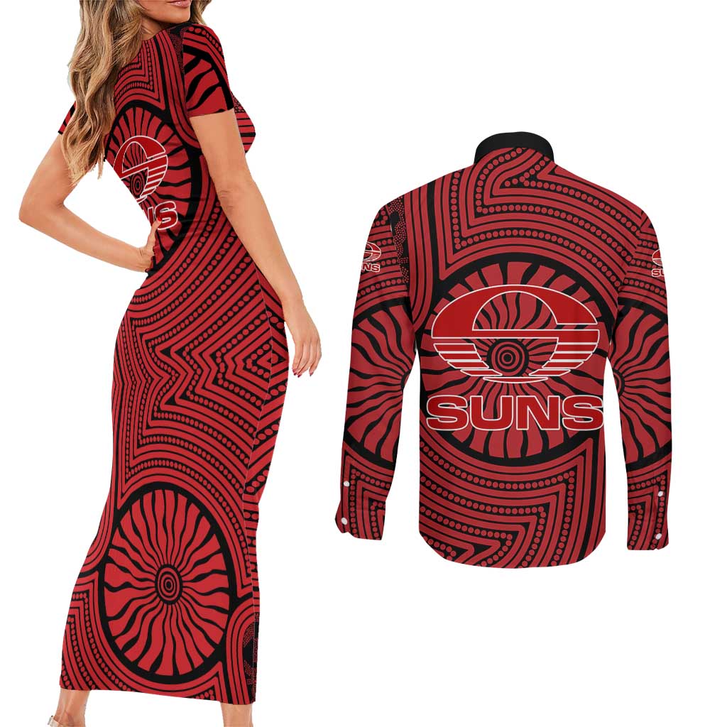 Gold Coast Suns Couples Matching Short Sleeve Bodycon Dress and Long Sleeve Button Shirt Indigenous Monochrome Dot Art Mascot Style