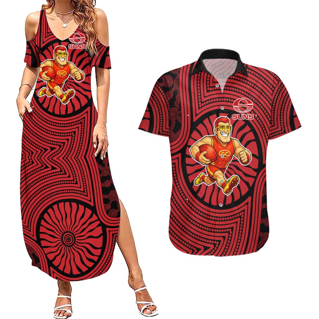 Gold Coast Suns Couples Matching Summer Maxi Dress and Hawaiian Shirt Indigenous Monochrome Dot Art Mascot Style