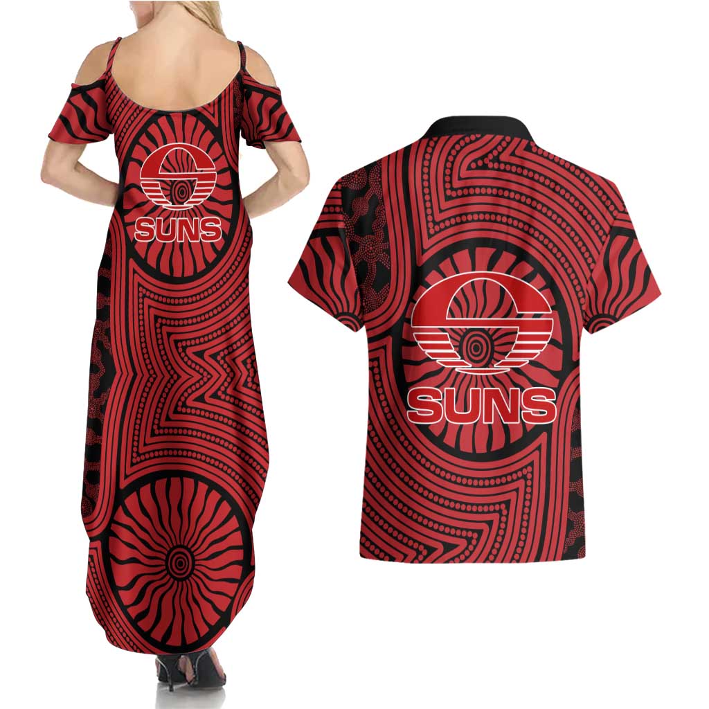 Gold Coast Suns Couples Matching Summer Maxi Dress and Hawaiian Shirt Indigenous Monochrome Dot Art Mascot Style