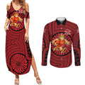 Gold Coast Suns Couples Matching Summer Maxi Dress and Long Sleeve Button Shirt Indigenous Monochrome Dot Art Mascot Style