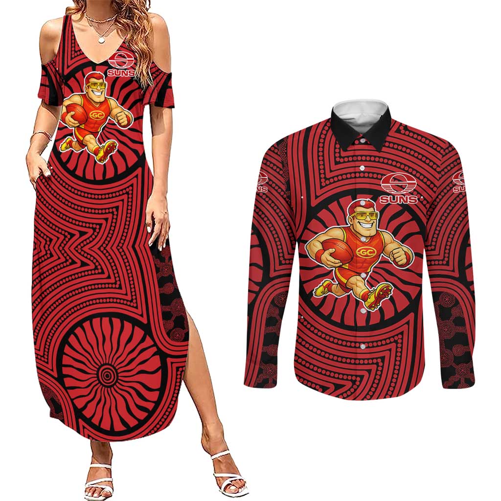 Gold Coast Suns Couples Matching Summer Maxi Dress and Long Sleeve Button Shirt Indigenous Monochrome Dot Art Mascot Style