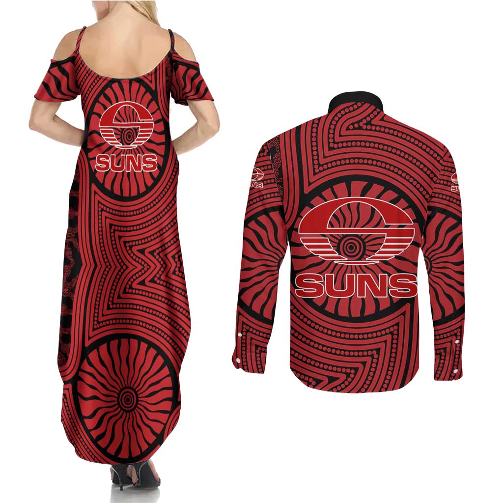Gold Coast Suns Couples Matching Summer Maxi Dress and Long Sleeve Button Shirt Indigenous Monochrome Dot Art Mascot Style