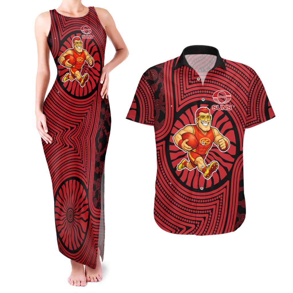 Gold Coast Suns Couples Matching Tank Maxi Dress and Hawaiian Shirt Indigenous Monochrome Dot Art Mascot Style