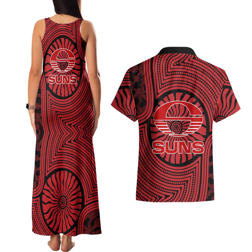 Gold Coast Suns Couples Matching Tank Maxi Dress and Hawaiian Shirt Indigenous Monochrome Dot Art Mascot Style