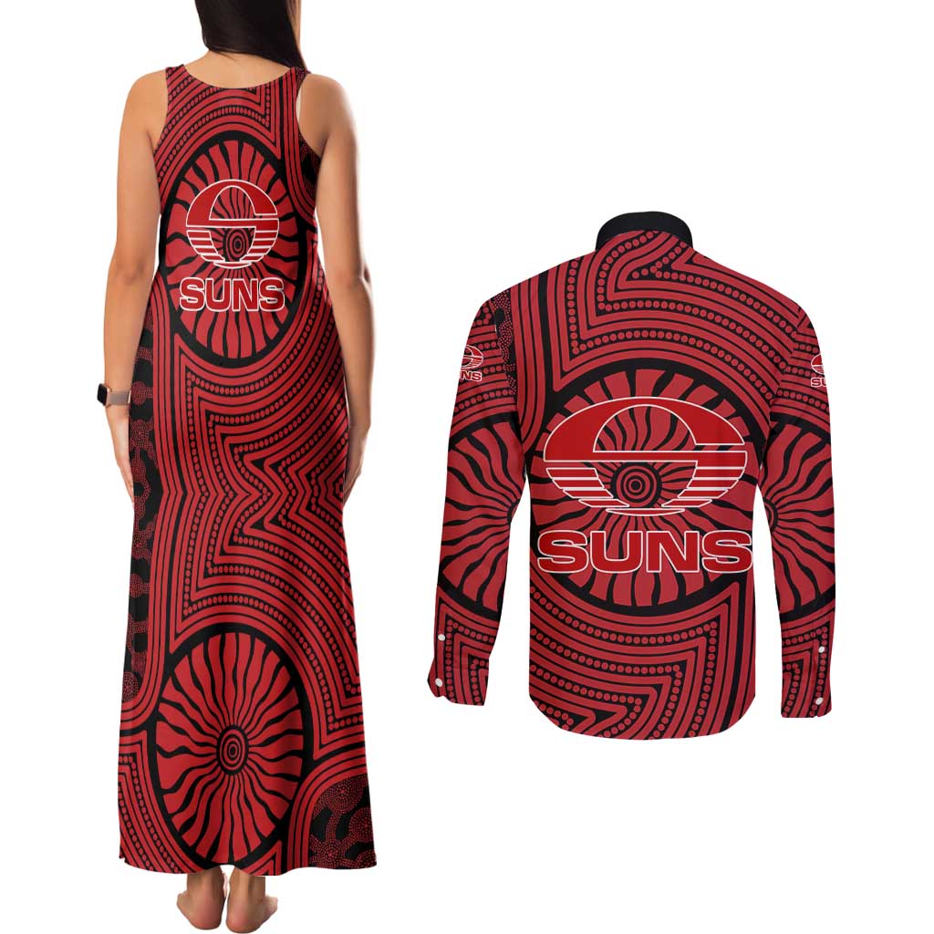 Gold Coast Suns Couples Matching Tank Maxi Dress and Long Sleeve Button Shirt Indigenous Monochrome Dot Art Mascot Style