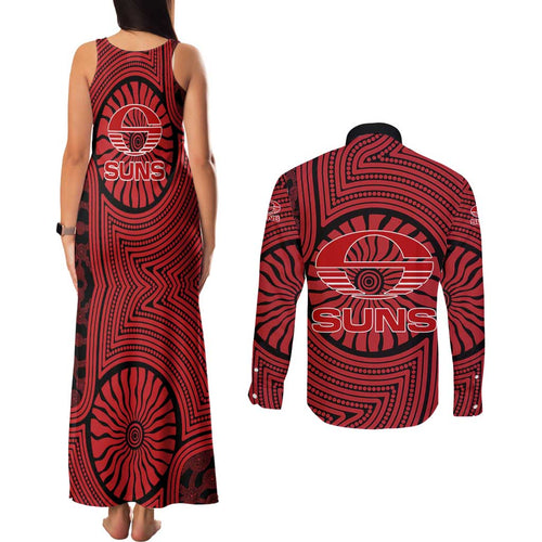Gold Coast Suns Couples Matching Tank Maxi Dress and Long Sleeve Button Shirt Indigenous Monochrome Dot Art Mascot Style