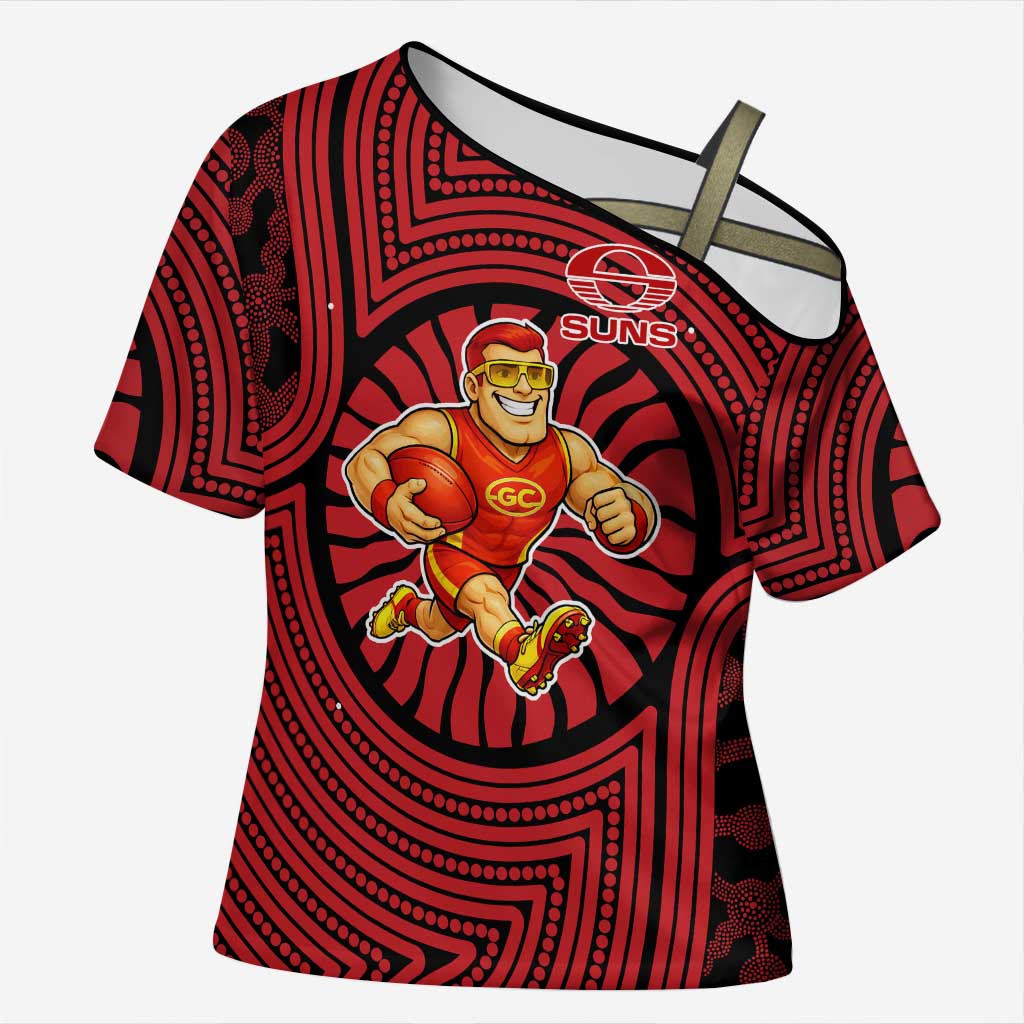 Gold Coast Suns Cross Shoulder Shirt Indigenous Monochrome Dot Art Mascot Style