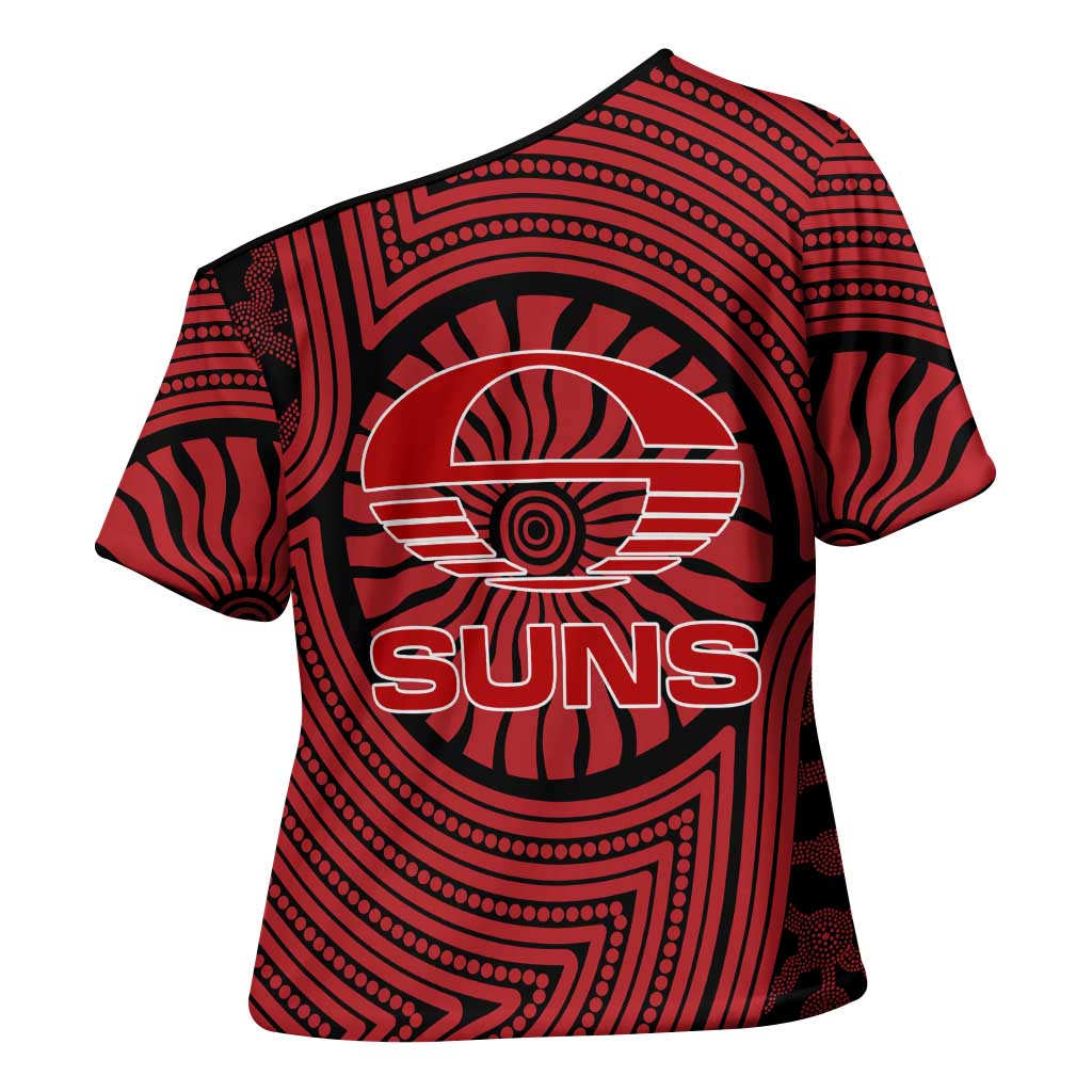 Gold Coast Suns Cross Shoulder Shirt Indigenous Monochrome Dot Art Mascot Style