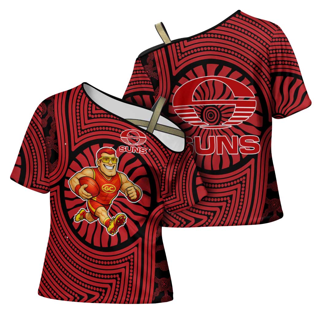 Gold Coast Suns Cross Shoulder Shirt Indigenous Monochrome Dot Art Mascot Style