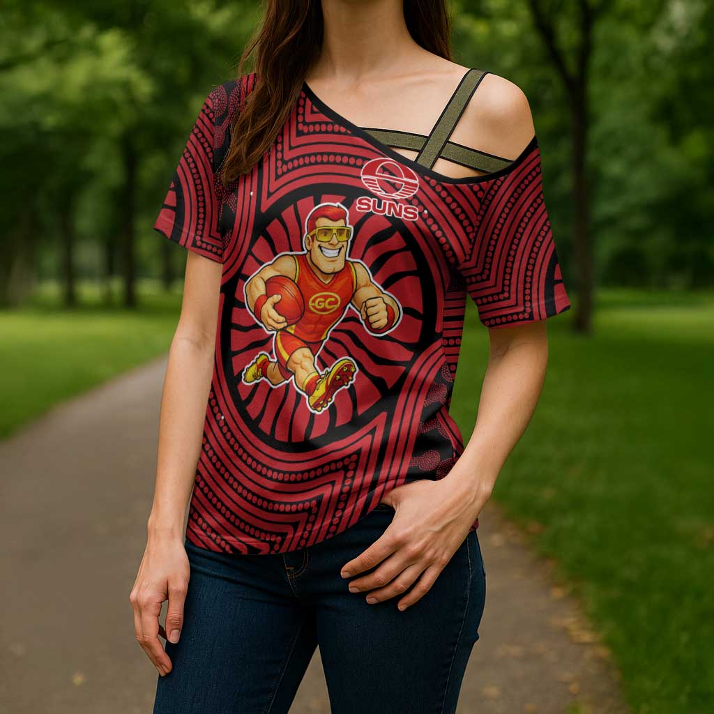 Gold Coast Suns Cross Shoulder Shirt Indigenous Monochrome Dot Art Mascot Style