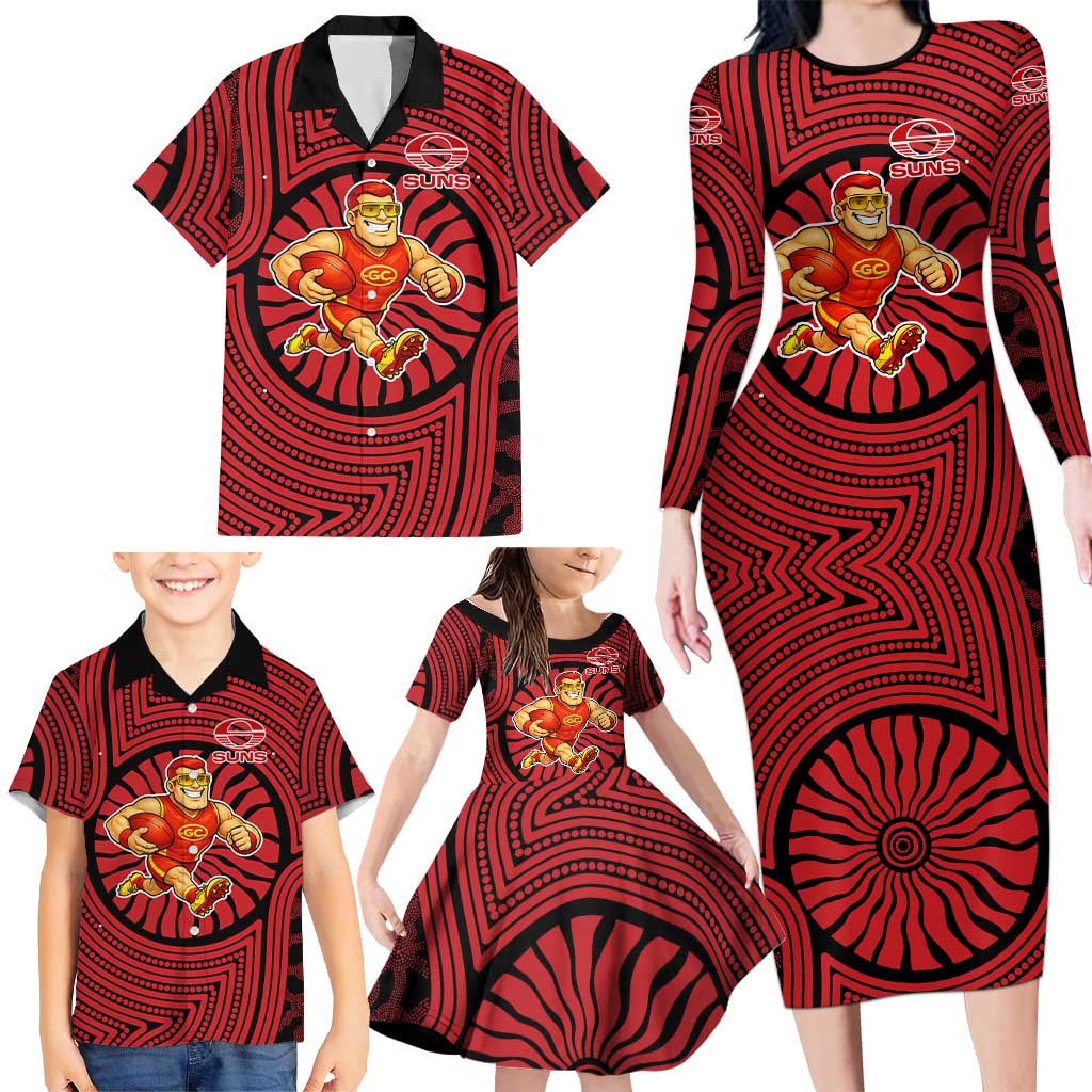 Gold Coast Suns Family Matching Long Sleeve Bodycon Dress and Hawaiian Shirt Indigenous Monochrome Dot Art Mascot Style