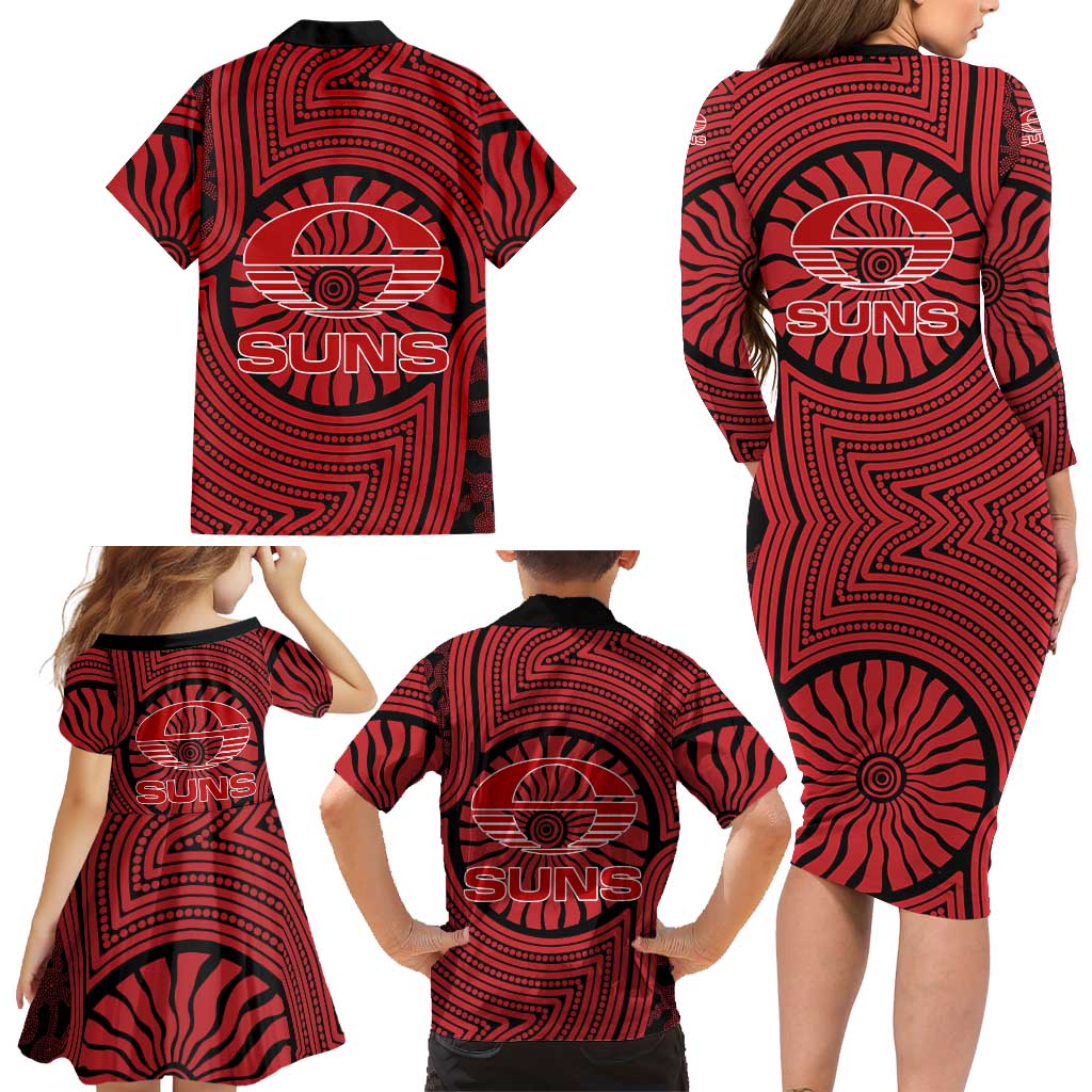 Gold Coast Suns Family Matching Long Sleeve Bodycon Dress and Hawaiian Shirt Indigenous Monochrome Dot Art Mascot Style