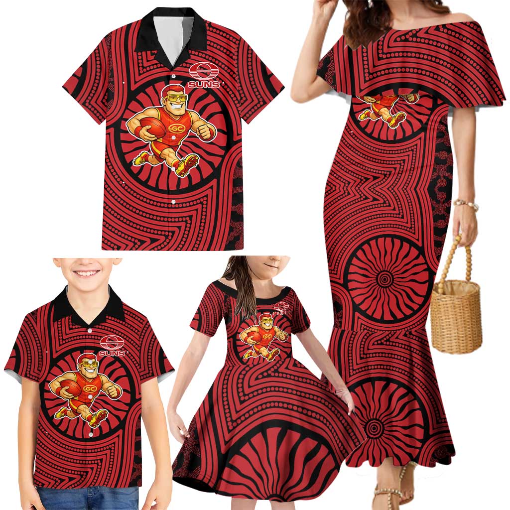 Gold Coast Suns Family Matching Mermaid Dress and Hawaiian Shirt Indigenous Monochrome Dot Art Mascot Style