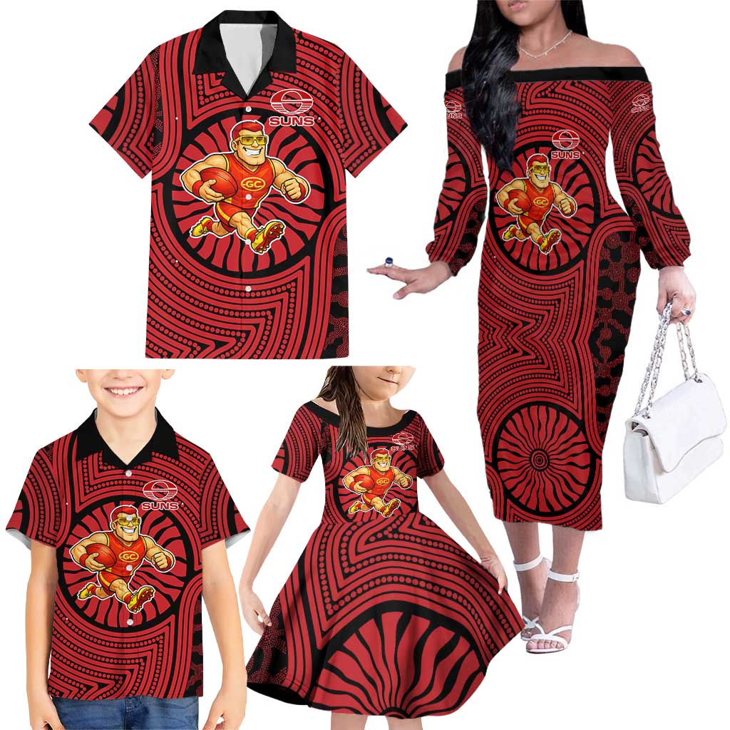 Gold Coast Suns Family Matching Off The Shoulder Long Sleeve Dress and Hawaiian Shirt Indigenous Monochrome Dot Art Mascot Style