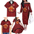 Gold Coast Suns Family Matching Off The Shoulder Long Sleeve Dress and Hawaiian Shirt Indigenous Monochrome Dot Art Mascot Style