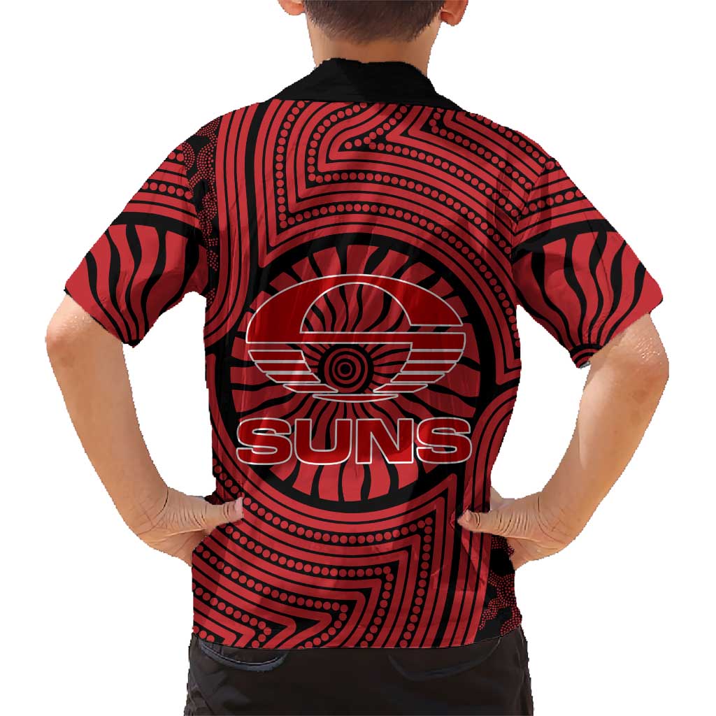 Gold Coast Suns Family Matching Off The Shoulder Long Sleeve Dress and Hawaiian Shirt Indigenous Monochrome Dot Art Mascot Style
