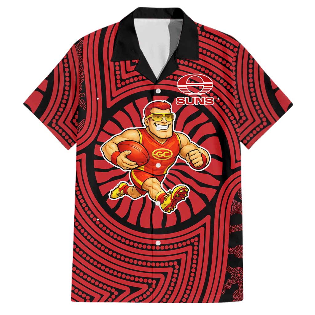 Gold Coast Suns Family Matching Off The Shoulder Long Sleeve Dress and Hawaiian Shirt Indigenous Monochrome Dot Art Mascot Style