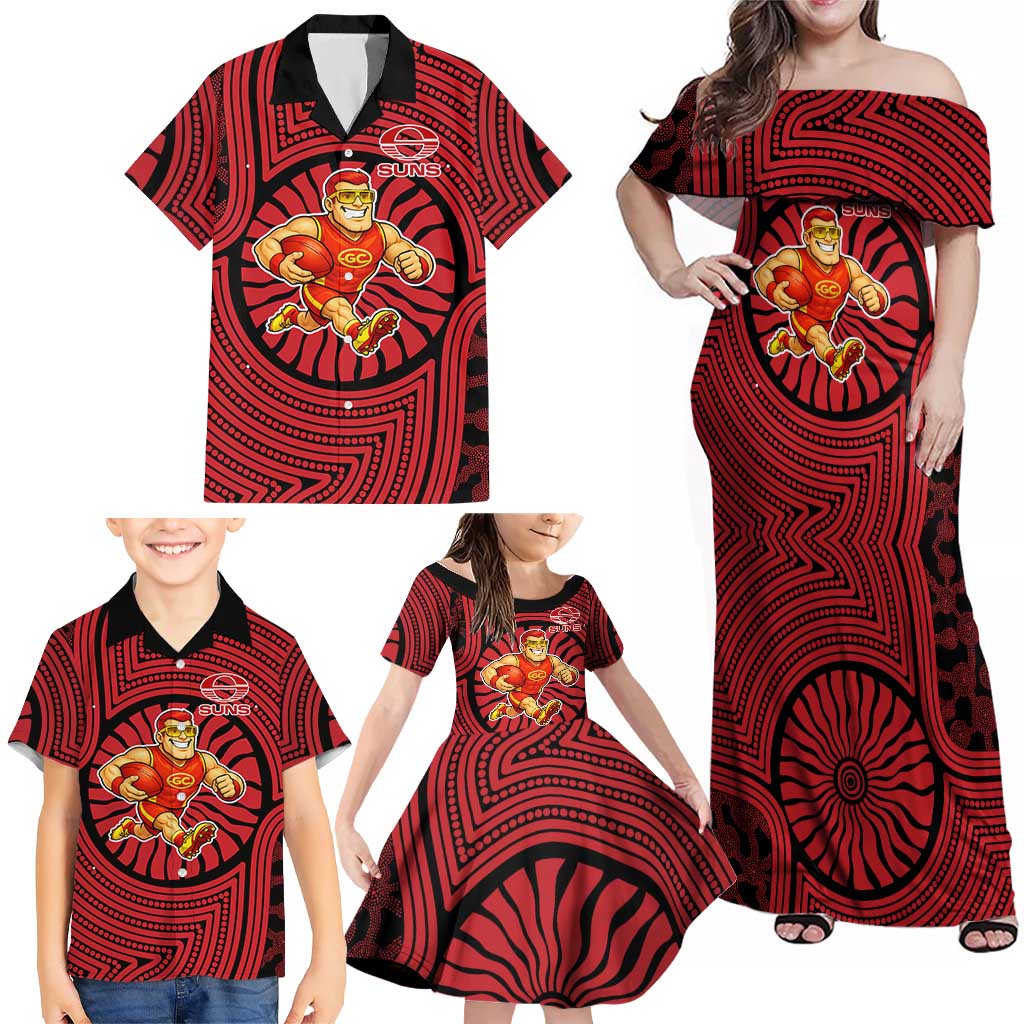 Gold Coast Suns Family Matching Off Shoulder Maxi Dress and Hawaiian Shirt Indigenous Monochrome Dot Art Mascot Style