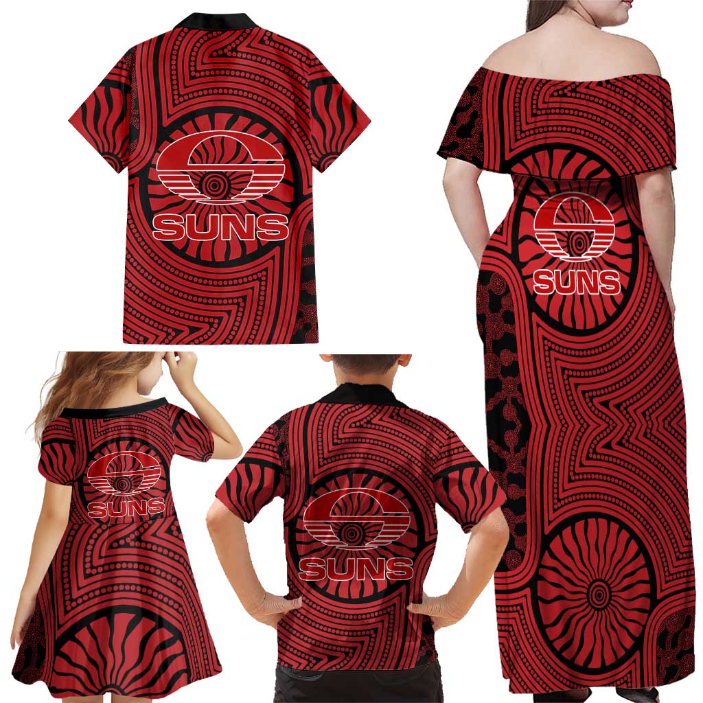 Gold Coast Suns Family Matching Off Shoulder Maxi Dress and Hawaiian Shirt Indigenous Monochrome Dot Art Mascot Style
