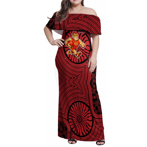 Gold Coast Suns Family Matching Off Shoulder Maxi Dress and Hawaiian Shirt Indigenous Monochrome Dot Art Mascot Style