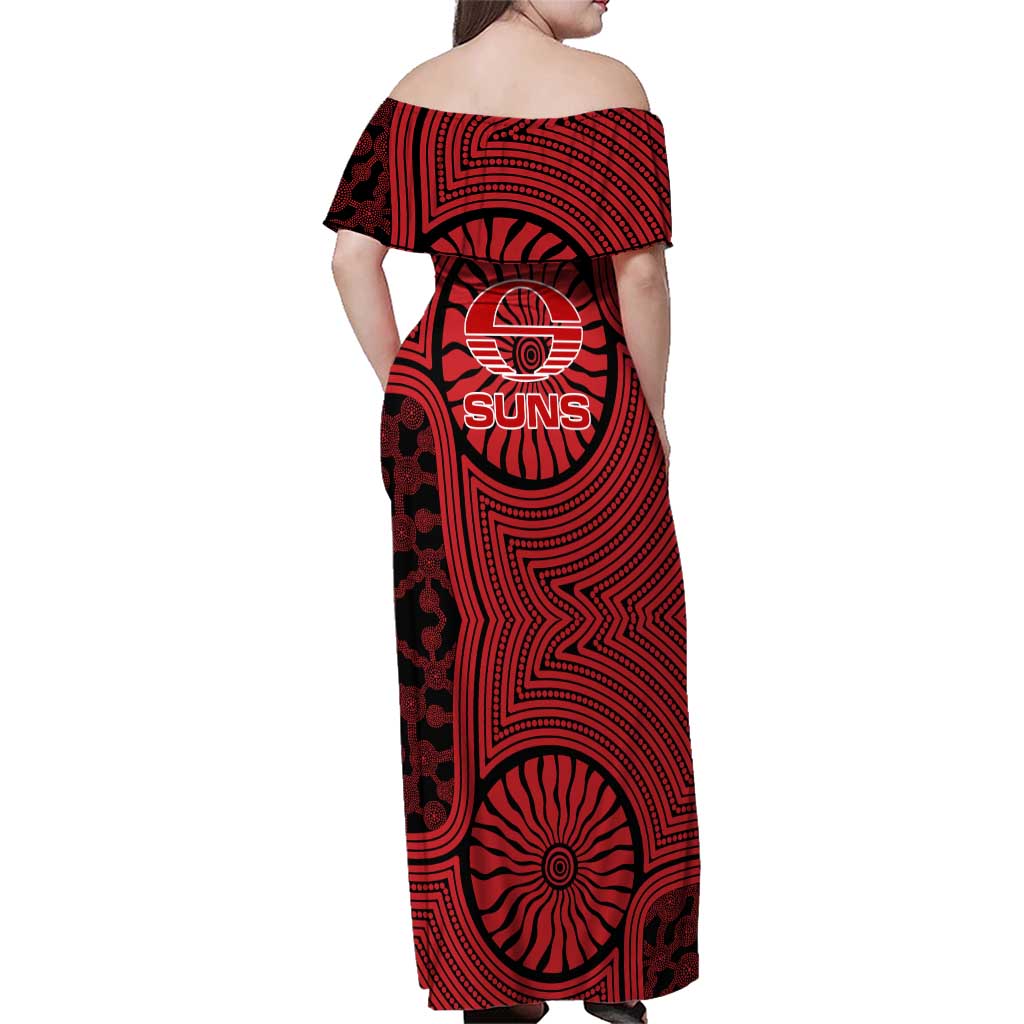 Gold Coast Suns Family Matching Off Shoulder Maxi Dress and Hawaiian Shirt Indigenous Monochrome Dot Art Mascot Style