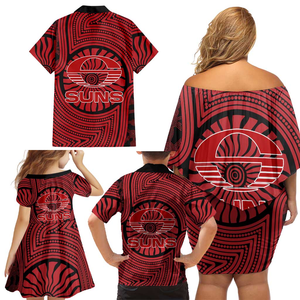 Gold Coast Suns Family Matching Off Shoulder Short Dress and Hawaiian Shirt Indigenous Monochrome Dot Art Mascot Style