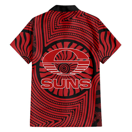 Gold Coast Suns Family Matching Off Shoulder Short Dress and Hawaiian Shirt Indigenous Monochrome Dot Art Mascot Style
