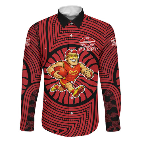Gold Coast Suns Family Matching Off Shoulder Short Dress and Hawaiian Shirt Indigenous Monochrome Dot Art Mascot Style