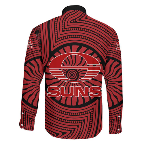 Gold Coast Suns Family Matching Off Shoulder Short Dress and Hawaiian Shirt Indigenous Monochrome Dot Art Mascot Style