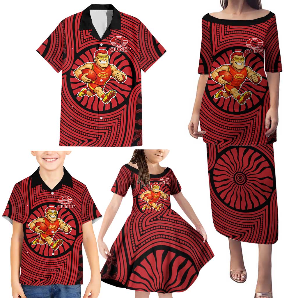Gold Coast Suns Family Matching Puletasi and Hawaiian Shirt Indigenous Monochrome Dot Art Mascot Style