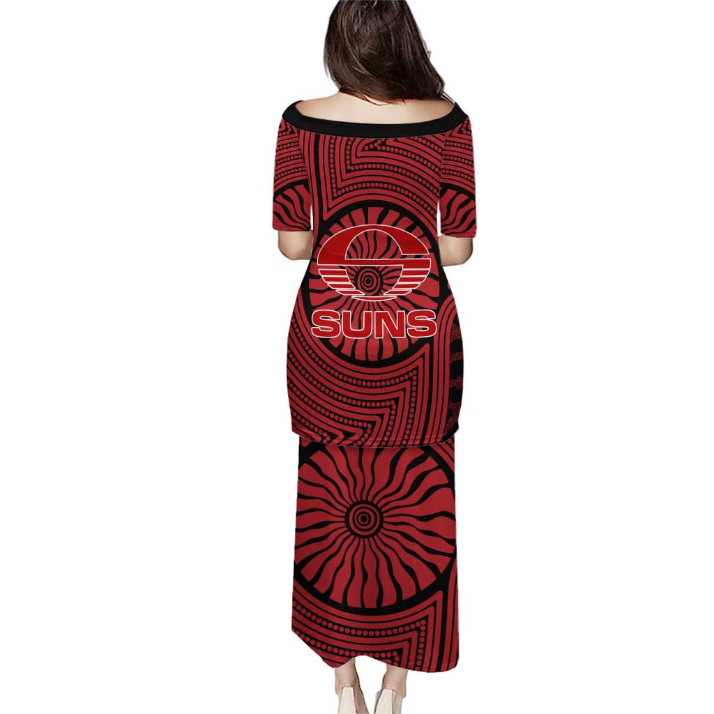 Gold Coast Suns Family Matching Puletasi and Hawaiian Shirt Indigenous Monochrome Dot Art Mascot Style
